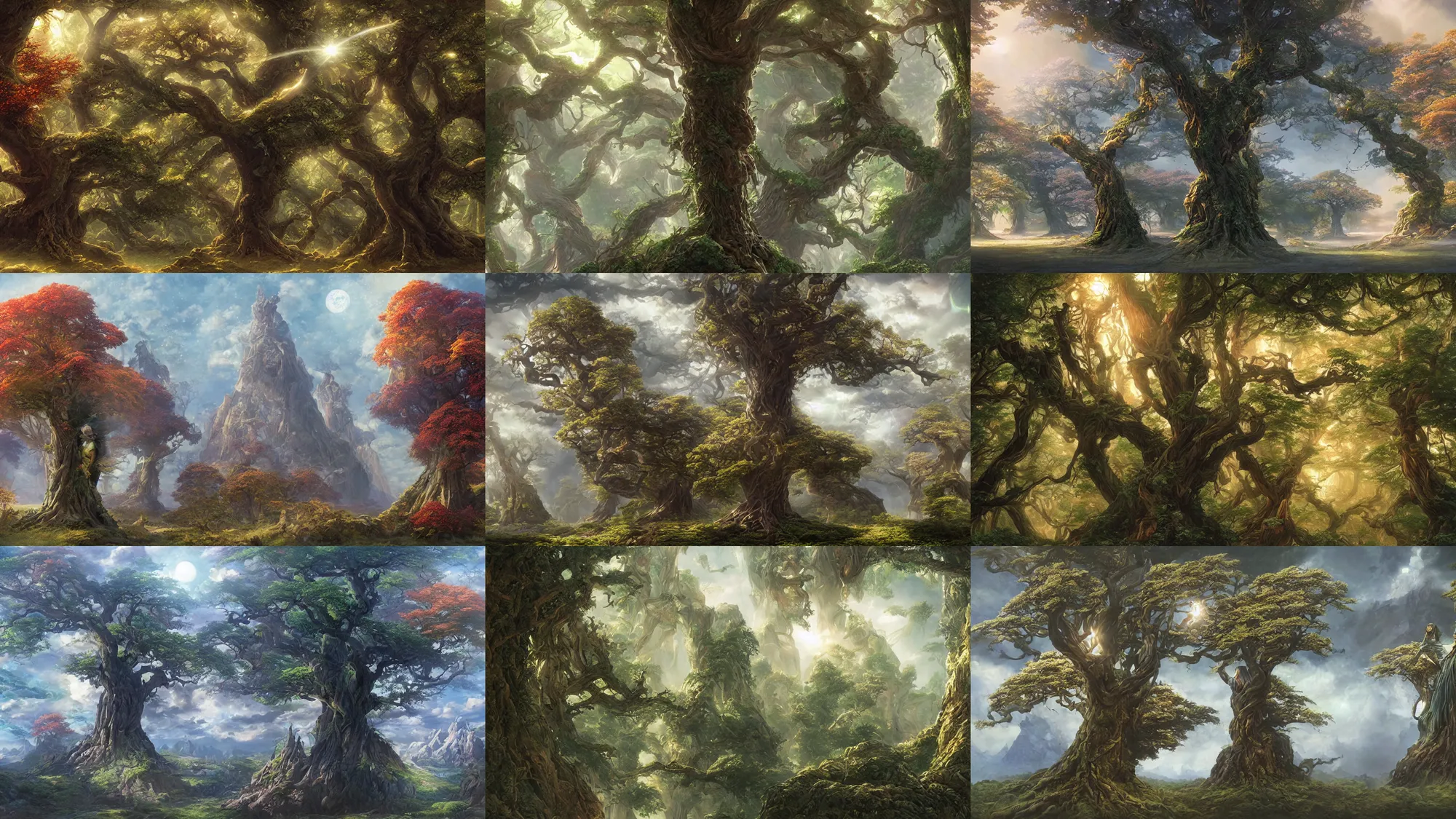 Image similar to tree of four seasons, volymetric light, highly detailed matte painting, noriyoshi ohrai, charlie bowater, mark brooks