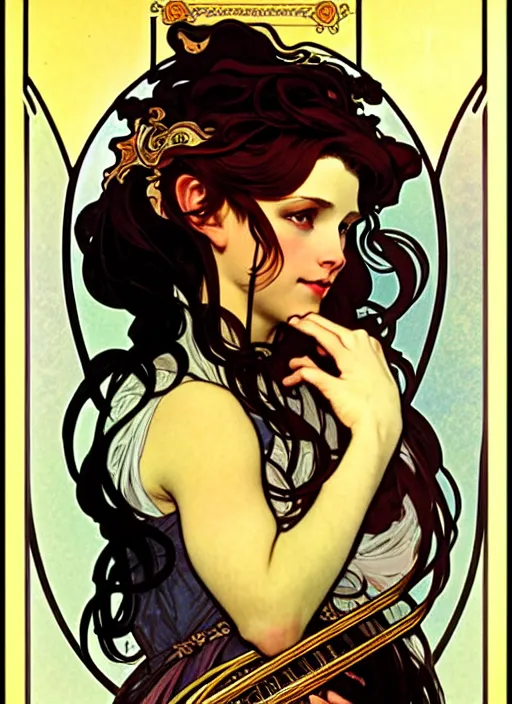 Prompt: a head and shoulders portrait of a female bard, d & d, fantasy art, award winning, fox ears, by alphonse mucha