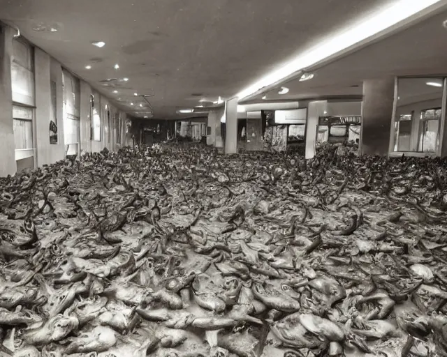 Prompt: camera footage of a Hundreds of Rabid Zerglings in an abandoned shopping mall, high exposure, dark, monochrome, camera, grainy, CCTV, security camera footage, timestamp, zoomed in, fish-eye lens, Evil, Zerg, Brood Spreading, horrifying, lunging at camera :4