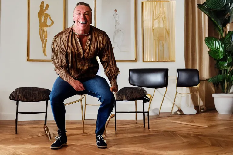 Image similar to hyperrealistic Jean Claude Vandamme legs spread apart balancing on two chairs, golden hour, smiling, award winning