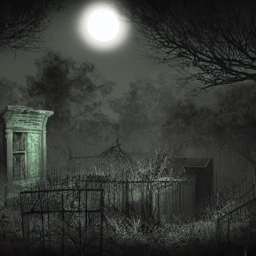 Prompt: an overgrown decrepit cemetery in the dark of night, moonlit, creepy, scary, ambient lighting, concept art