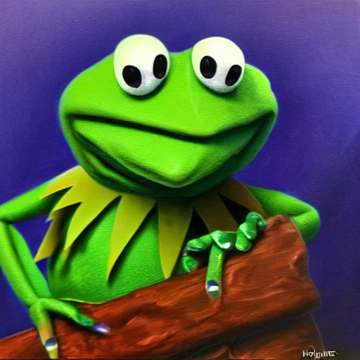 Prompt: kermit the frog, vampire hunter. high key lighting. oil painting. realistic