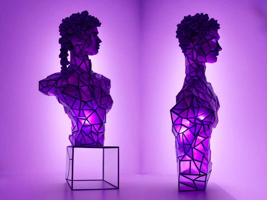 Image similar to beautiful mannequin sculpted out of amethyst by billelis + lit with purple 3 d geometric neon + chrome geometric cubed bonsai plants!!!!, doorway opening with neon pink geometric light, clean linework, dramatic, finely detailed, rule of thirds, moody, confident, award winning, 4 k, trending on artstation, photorealistic, volumetric lighting, octane render