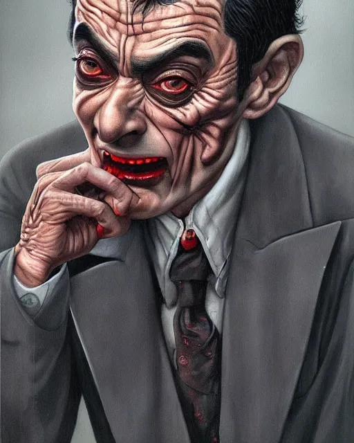 Image similar to portrait of mr bean as a vampire, gritty, dark, very detailed, hyperrealistic, very detailed painting by Glenn Fabry, by Joao Ruas