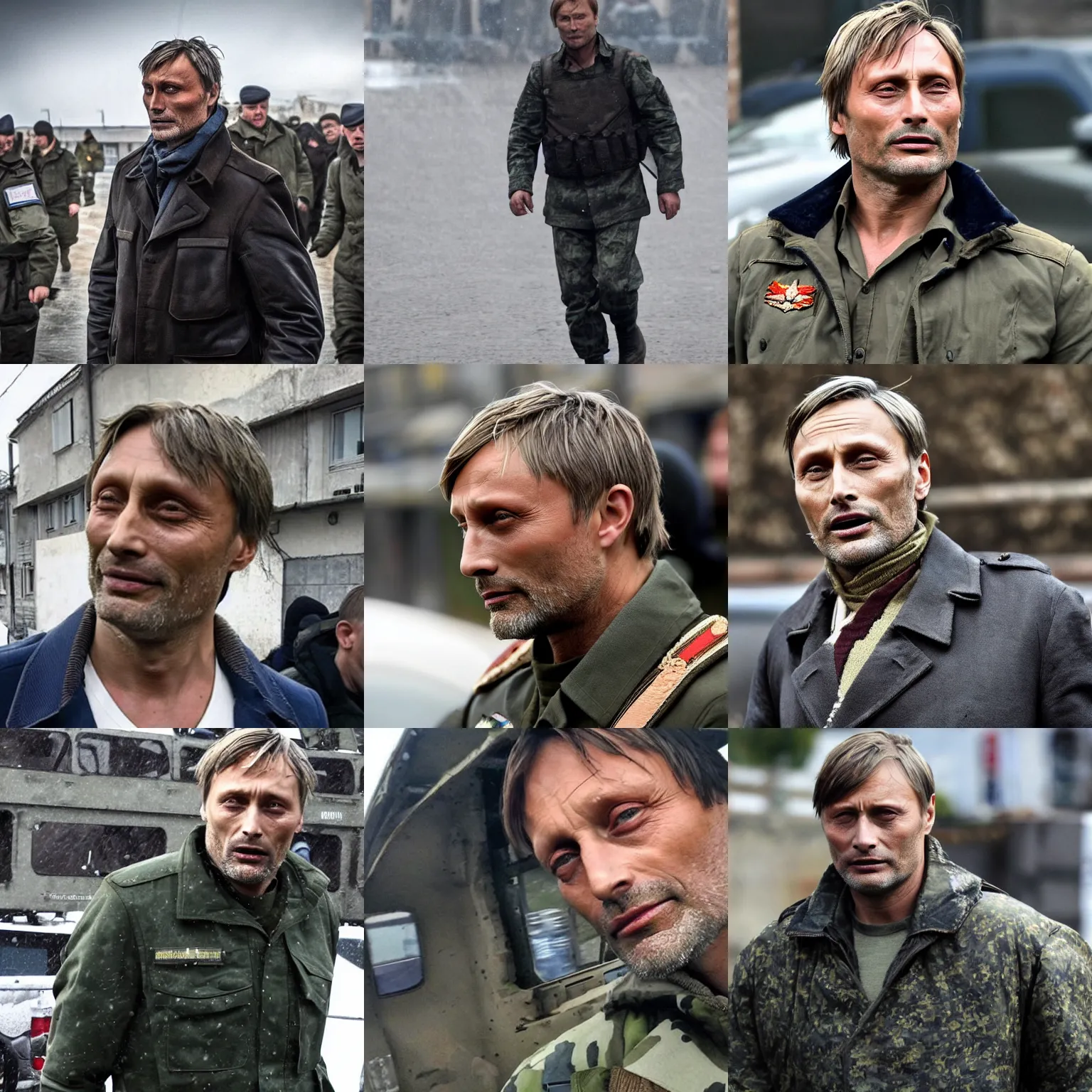 Prompt: Mads Mikkelsen storms Mariupol as part of the Russian Armed Forces