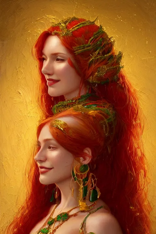 Prompt: Highly detailed painting of a beautiful young woman with long red hair by Craig Mullins and Ross Tran, subtle smile, wearing a fancy dress, Golden fabric Background, Golden thread, intricate patterns, Emerald Earrings, ambient lighting, Trending on artstation, pinterest, cgsociety, 4k, 8k, HDR, award winning, unreal engine