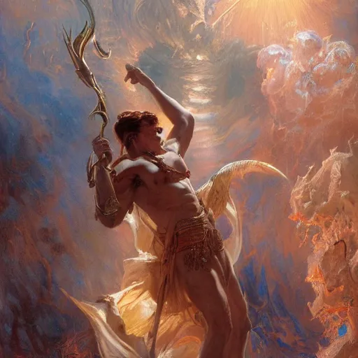 Image similar to attractive male deity casts dark spell, summons handsome lucifer morningstar. highly detailed painting by gaston bussiere, craig mullins, j. c. leyendecker 8 k