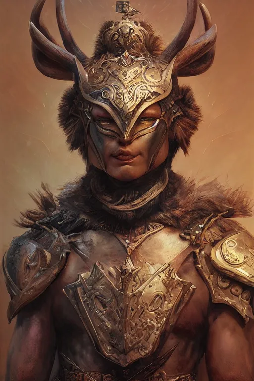 Image similar to portrait of the warrior wearing the epic artifact headgear deer god\'s helmet by artgerm and Craig Mullins, James Jean, Andrey Ryabovichev, Mark Simonetti and Peter Morbacher 16k