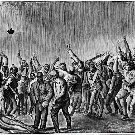 Prompt: a man sized fly wrecking a gathering of people, massacre, gory, documentary style photograph