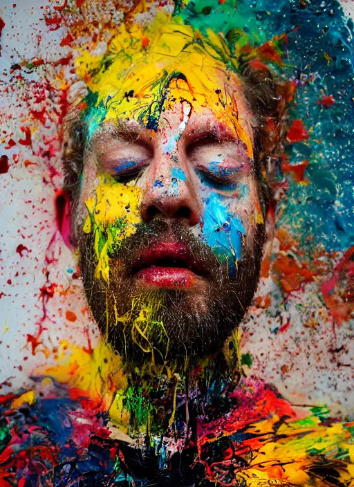 Prompt: abstract expressionist mid shot portrait of a man made of very thick impasto paint and acrylic pour and coloured powder explosion and splashing paint and dripping paint and flying paint chunks, eyes closed or not visible, expressing strong emotions, art by antony micallef, motion blur, hyperrealistic, intricate art photography, anatomically correct, realistic crisp textures, 1 6 k