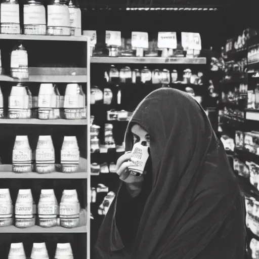 Image similar to a shady, veiled figure buying a jar of delicious honey in a store, ominous atmosphere