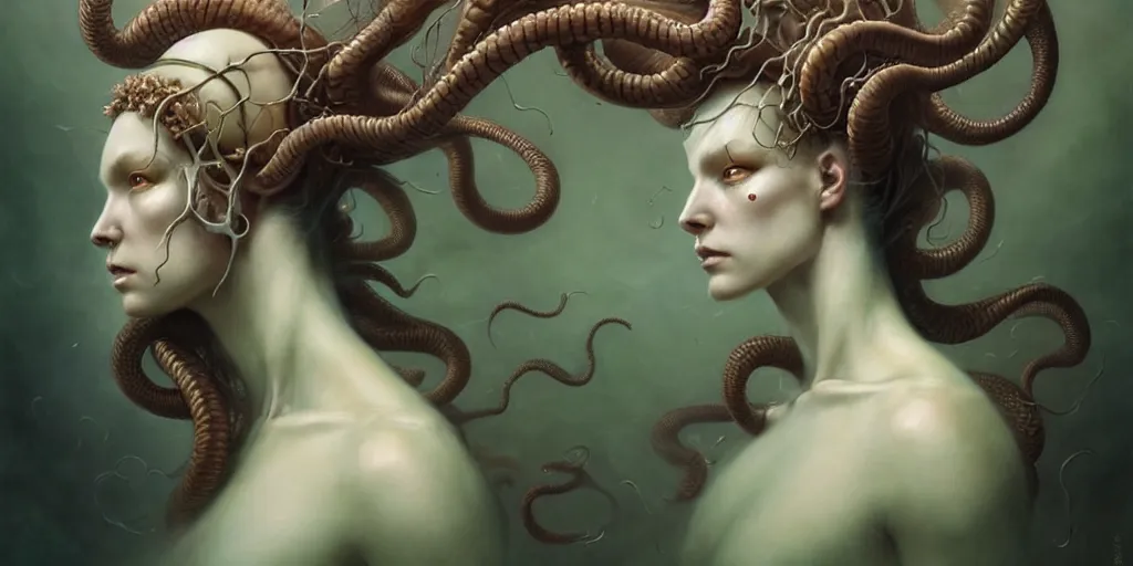 Image similar to ultra realistic, beautiful female gorgon moving through latent spaces in her head, in the style of peter mohrbacher by weta digital and beth cavener, high symmetry, intricate, elegant, evocative, masterpiece, award winning, high face symmetry, high realism