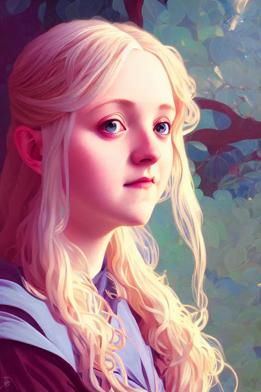 Prompt: a portrait of luna lovegood, fantasy, sharp focus, intricate, elegant, digital painting, artstation, matte, highly detailed, concept art, illustration, ambient lighting, art by ilya kuvshinov, artgerm, alphonse mucha, and greg rutkowski