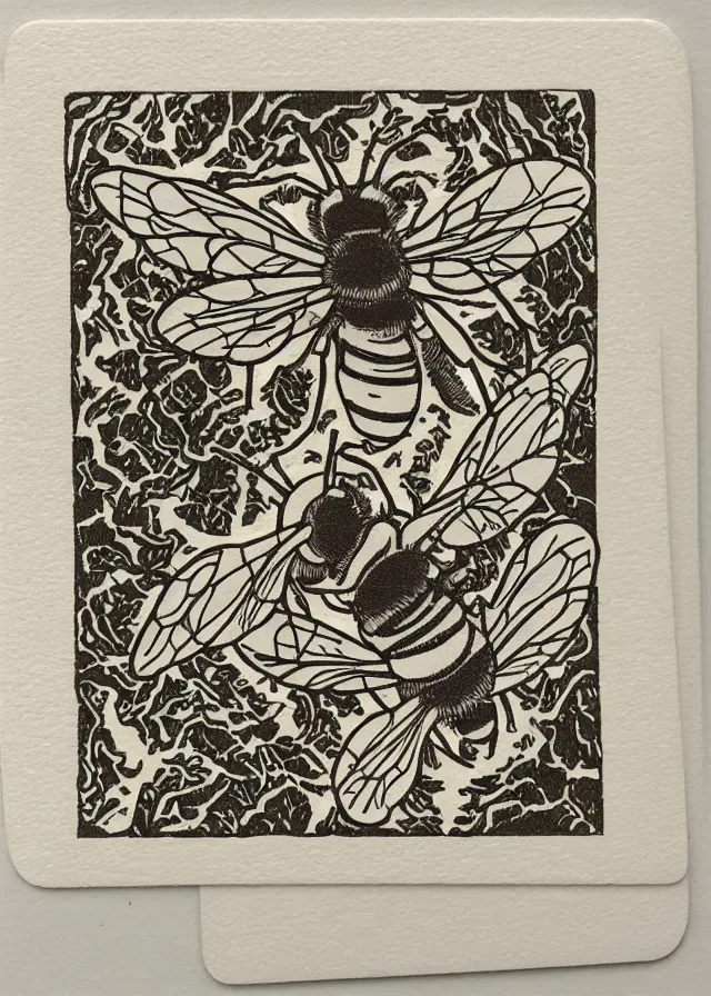 Image similar to 5 of bees, woodblock playing card