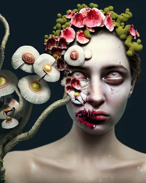 Prompt: a disturbing horror photograph of a beautiful crying woman with flowers and fungus growing out of her head m, intricate, hyperrealism, sharp focus, cinematography, highly detailed, octane render, digital horror artwork, matte, photography by professional photographer