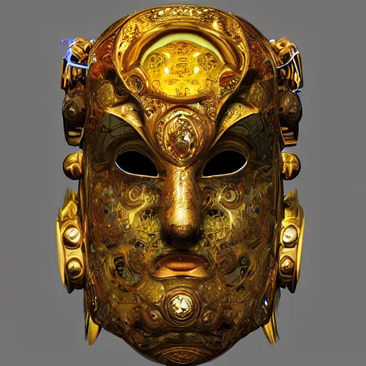 Image similar to Divine Chaos Engine, as a Venetian Carnivale Mask, by Karol Bak, Jean Deville, Gustav Klimt, and Vincent Van Gogh, celestial, visionary, sacred, fractal structures, ornate realistic gilded medieval icon, spirals, octane render