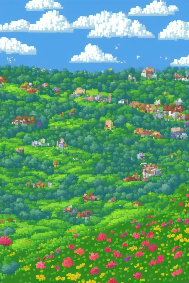 Prompt: a countryside, green hills and blue sky with patches of clouds, nature in all its beauty, some houses in the background, star - shaped flowers in the foreground, we can see the sea, pixel art, detailed,