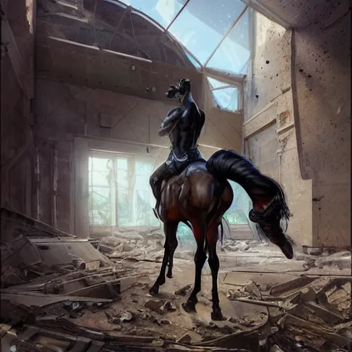Image similar to a hyper - muscular anthropomorphized horse wearing a tactical bodysuit standing in the ruins of a facility, equine, highly detailed, digital painting, artstation, sharp focus, concept art, illustration, art by artgerm, greg rutkowski, makoto shinkai