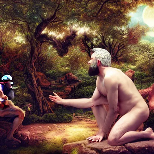 Prompt: white - bearded, god, contemplating adam and eve's future, in the garden of eden - sorcerer, detailed, futuristic, photo - realistic, digital art