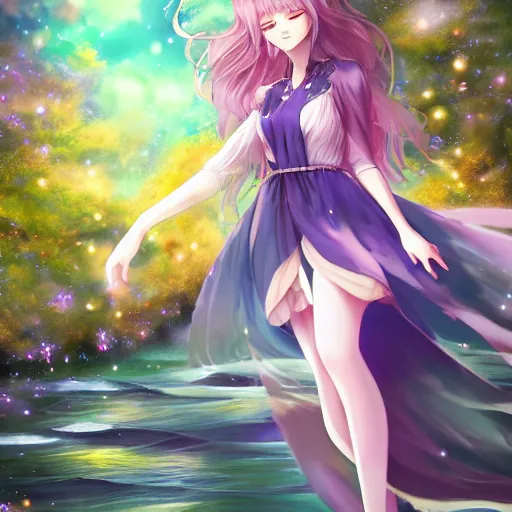 Prompt: advanced digital anime art, Sakimichan , WLOP, RossDraws, a gorgeous woman with long gold and silver hair wearing a violet dress and bare feet walking through a crystal clear river under a starry night, DOF, Gaussian Blur, —H 1024