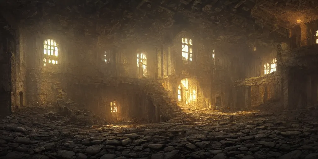Image similar to Hyper realistic oil painting of the insides of an abandoned dwarven fortress, dark, torchlight, fantasy, cinematic lighting, broken furniture, dust, gloomy, by greg rutkowski, trending on artstation