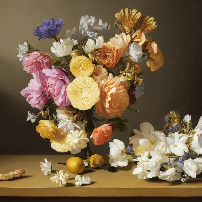 Image similar to still life painting of a beautiful bouquet of flowers by pieter claesz, oil on canvas, strong lighting, highly detailed, hyper realism, golden hour, god rays, hd, 4 k