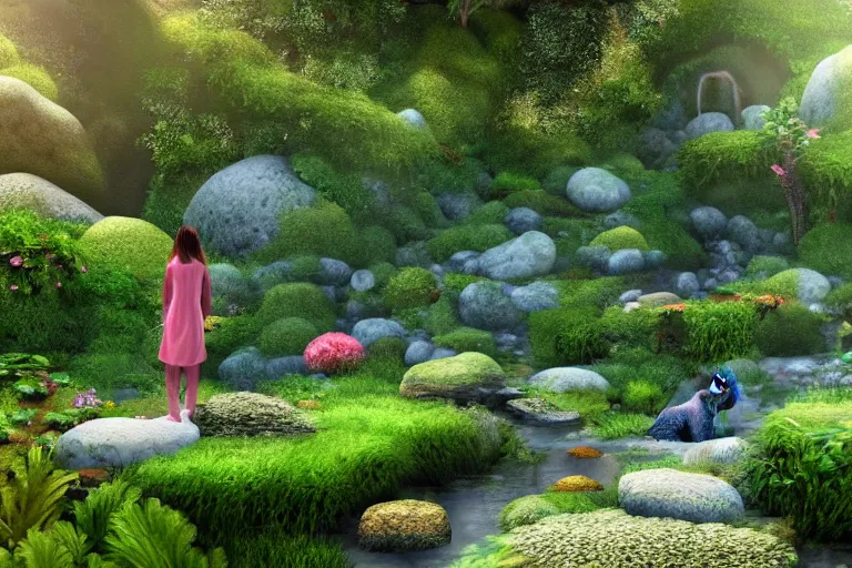 Prompt: hyper realistic detailed render of a heavenly garden of peace, eden filled with trees, stone slab, colourful flowers, moss, ferns, a girl meditating at a distance, small stream or puddles, birds, trending on artstation, volumetric lighting, hyper realistic, hyper detailed, high quality render, blender guru,