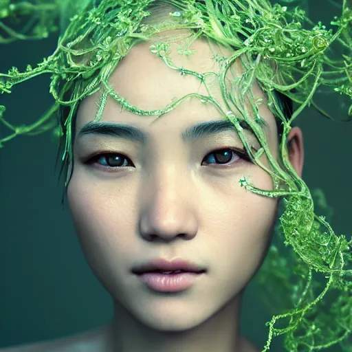 Prompt: intricate highly detailed face portrait of asian - european woman, light mint water vines on her face, intricate, cgsociety, unreal engine, octane render, sharp focus, smooth, volumetric lighting, cinematic composition, artstation