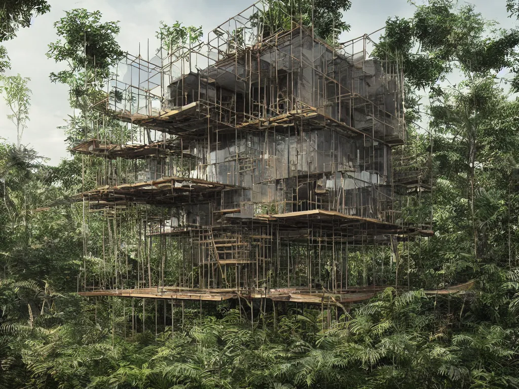 Prompt: a house made from scaffolding and transparent canvas sheets, in a jungle, rainbow light, tom kundig architectural style, ultra realistic details, unreal engine 5, cinematic, photo realistic