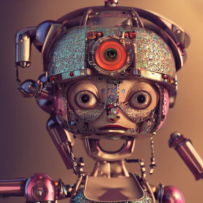 Image similar to closeup portrait of tin toy robot bikini girl trap, depth of field, zeiss lens, detailed, symmetrical, centered, fashion photoshoot, by nicoletta ceccoli, mark ryden, lostfish, breathtaking, 8 k resolution, extremely detailed, beautiful, establishing shot, artistic, hyperrealistic, octane render