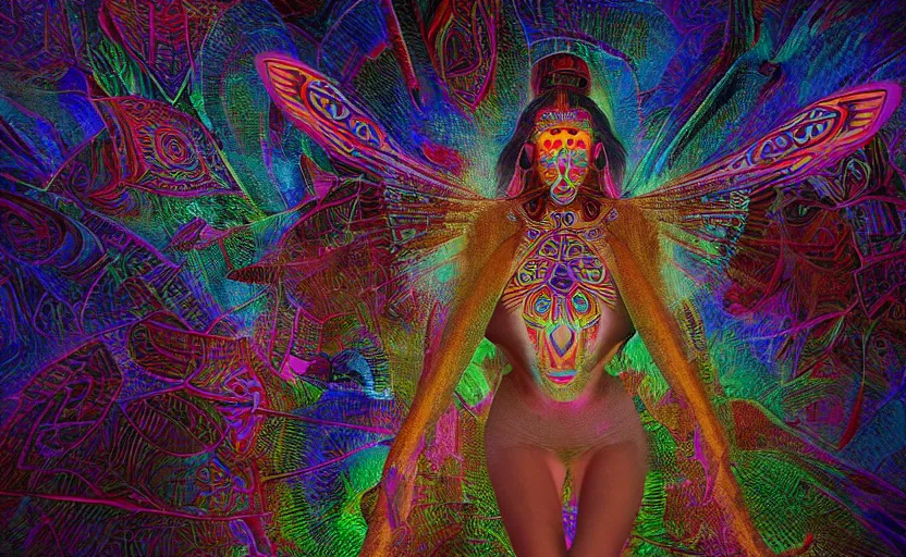 Prompt: ancient Shipibo female spirit with glowing third eye and vibrant fractal butterfly wings made of sacred geometry meditating in a woven rainforest of psychedelic cosmic ripples, by Igor Morski, by josip csoor, by Zdzislaw Beksinski, rendered in lumion, 8k resolution, psychedelic lighting, pastel color scheme, trending on artstation, realistic shadows, 3d, rendered in lumion, photorealistic -20