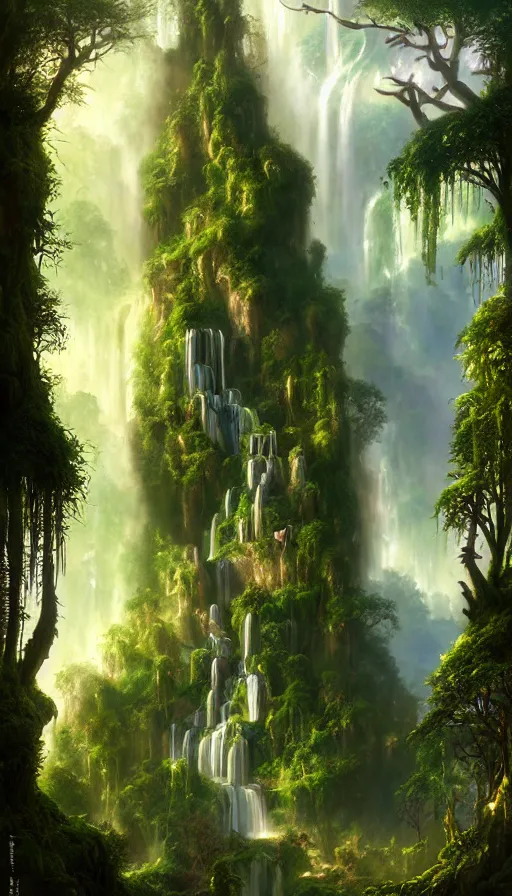 Image similar to fairy palace, castle towers, waterfall of gold and gems, gnarly trees, lush vegetation, forest landscape, painted by tom bagshaw, raphael lacoste, eddie mendoza, alex ross concept art matte painting