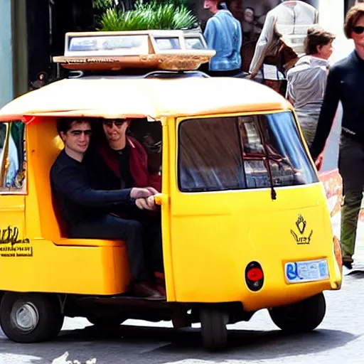 Prompt: photo of daniel radcliffe and tom cruise in a tuk tuk