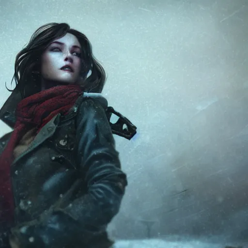 Prompt: fallout 5, charismatic beautiful rugged brunette female protagonist, portrait, outdoors ruined cityscape, atmospheric lighting, painted, intricate, volumetric lighting, beautiful, winter, foggy, daytime, slight overcast weather, sharp focus, deep colours, ultra detailed, by leesha hannigan, ross tran, thierry doizon, kai carpenter, ignacio fernandez rios