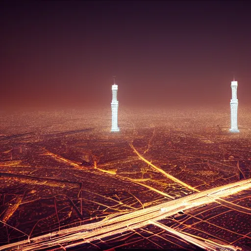 Prompt: photrealistic painting of tehran in the future by Alfredo Jaar, milad tower in the center, high traffic, clear weather, neon lights, nighttime, octane render, 8k, award winning, trending on artstation