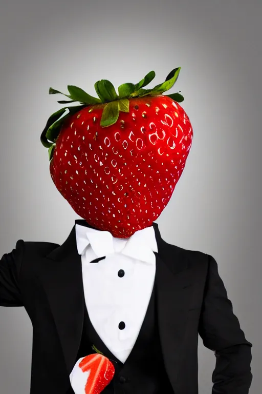 Prompt: a strawberry man wearing a tuxedo, he has a giant strawberry instead of a head