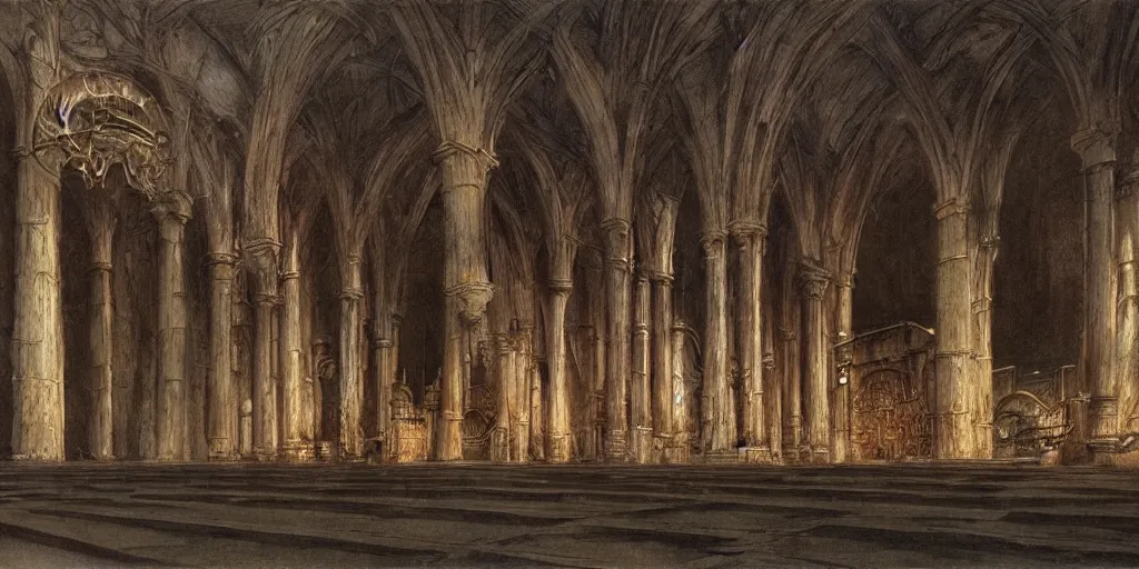 Prompt: Artwork by John Howe of the cinematic view of the Sanctuary of the Executioner.