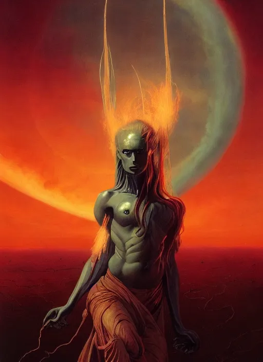 Image similar to biblical hell beautiful female witch android, shiva, storm, glowing veins, in clouds, sunset, portrait by wayne barlowe, by peter elson, muted colors, by frank frazetta, extreme detail, reflections, trending on artstation, 8 k