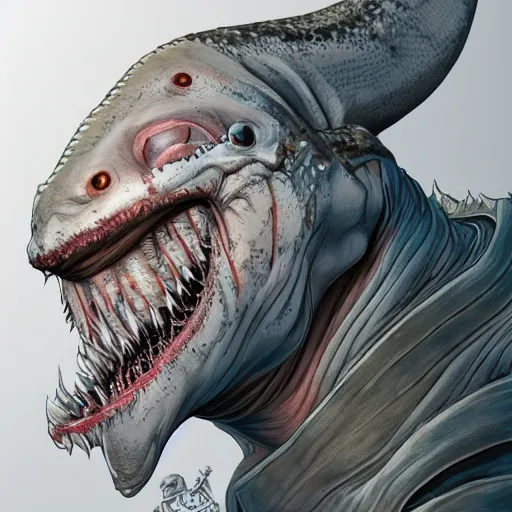 Prompt: the portrait of an absolutely grotesque, ugly, masculine man with shark features, hyperrealistic anime illustration by kim jung gi, iralki nadar, extremely detailed intricate linework, reflective eyes, smooth, super sharp focus, bright colors, high contrast, matte, octopath traveler, unreal engine 5 highly rendered, global illumination, radiant light