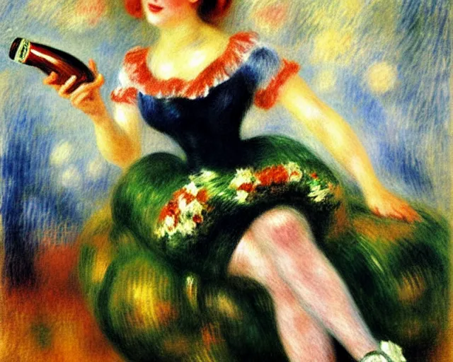 Image similar to vintage, big champagne bottle. cancan girl sitting on the big bottle, french, realistic, cheerful, 1 9 0 2, art by renoir