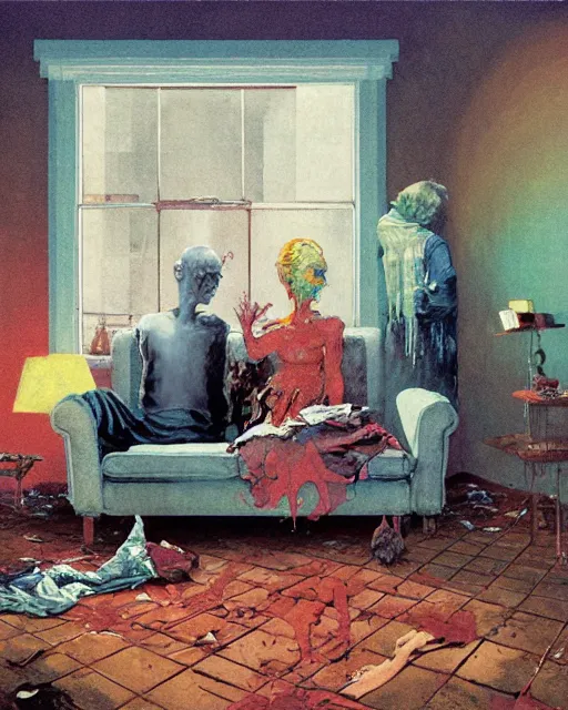 Prompt: old dead couple on couch in a decayed and ruined apartment room in the style of Francis Bacon and Syd Mead and Norman Rockwell and Beksinski, open ceiling, highly detailed, painted by Francis Bacon and Edward Hopper, painted by James Gilleard, surrealism, airbrush, very coherent, triadic color scheme, art by Takato Yamamoto and James Jean