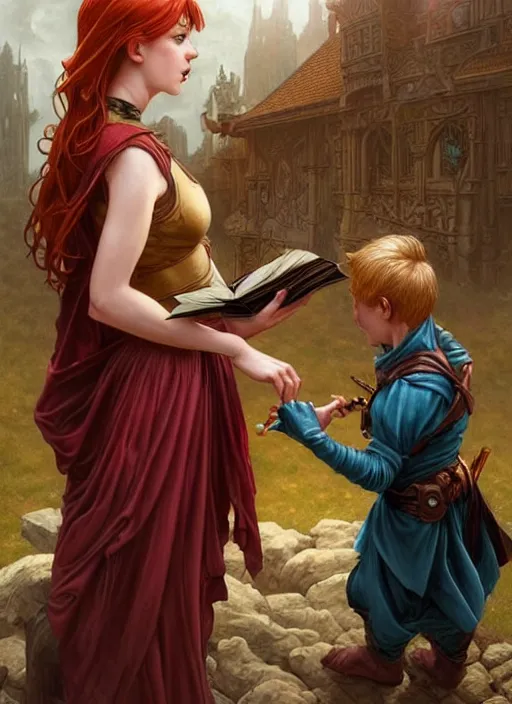 Image similar to an epic fantasy comic book style painting of a young red headed girl with a book in one arm meeting a young boy thief with blonde wearing plain brown leather thief clothes, d & d, fantasy, intricate, elegant, highly detailed, digital painting, artstation, concept art, matte, sharp focus, illustration, art by artgerm and greg rutkowski and alphonse mucha