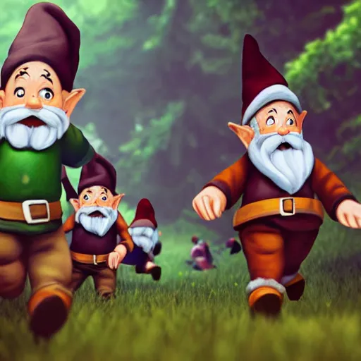 Image similar to pack of gnomes chasing a scared man with arms flailing behind him