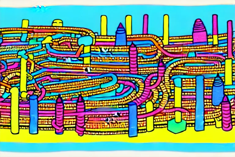 Image similar to an elaborate penned child illustration of a colorful intricate connected city of tubes and pipes, by martin handford and by jan van haasteren