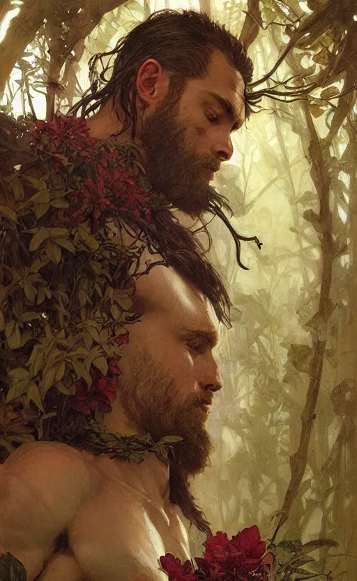 Image similar to god of the forest, 3 0 years old, rugged, handsome, male, detailed face, clean lines, atmospheric lighting, amazing, full body, thighs, flowers, muscular, intricate, highly detailed, digital painting, deviantart, concept art, sharp focus, illustration, art by greg rutkowski and alphonse mucha