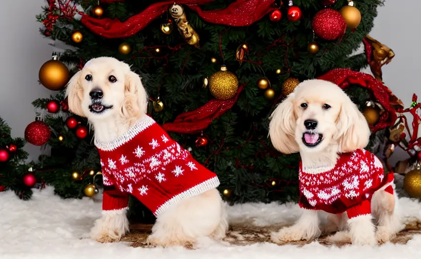 Image similar to studio photography of a dog wearing a woolen christmas sweater in front of a christmas tree, detailed face, cinematic lighting, 8 k