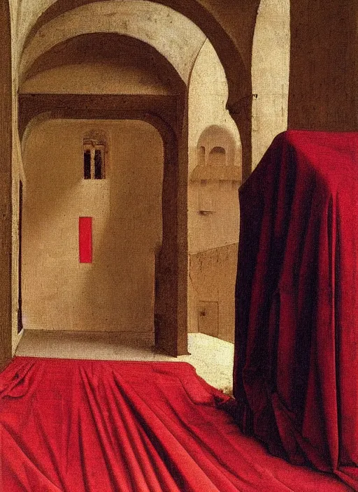 Image similar to red cloth of the floor, medieval painting by jan van eyck, johannes vermeer, florence