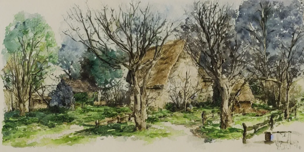 Prompt: old thatched cottage with a front garden among the trees, watercolor