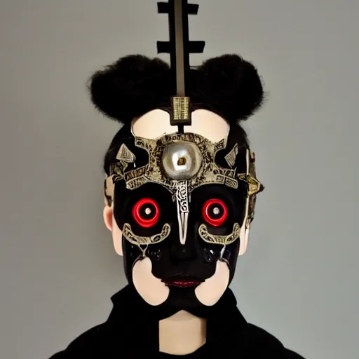 Image similar to a beautiful cyborg made of catholic and pagan symbols ceremonial maske