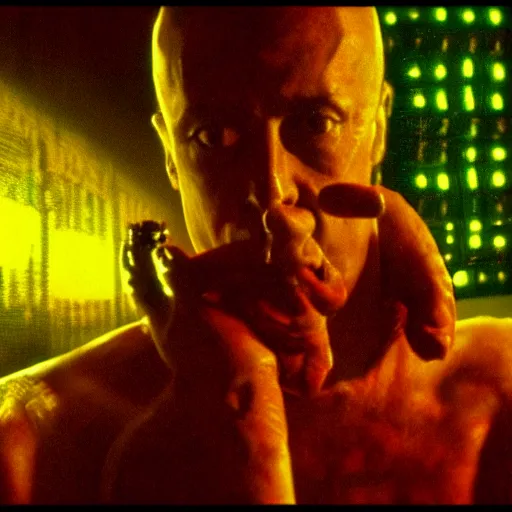 Image similar to movie still of cyborg, cinematic composition, cinematic light, by david lynch and gaspar noe